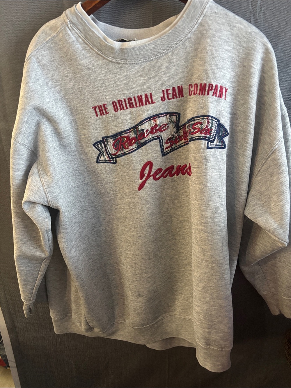 Women’s Distressed Route 66 light  Gray Crewneck Sweatshirt - Picture 2 of 3